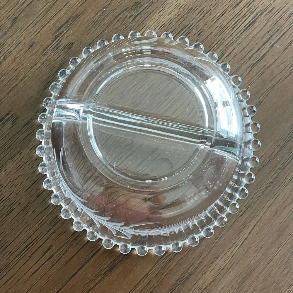 Imperial Candlewick Divided Etched Glass Bowl Bead Edge Wheat Serving Elegant